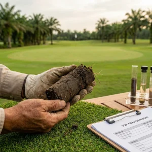 Close-up of soil core sample being taken from a lush green turf surface, with laboratory test tubes and soil analysis report in the background