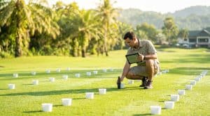 A turf professional auditing an irrigation system on a tropical golf course in daylight: kneeling to inspect a pop-up sprinkler head, with small catch-cup containers spaced across the bright green grass for a uniformity test, a tablet in hand, a Southeast Asian setting, clear natural light, realistic and professional.