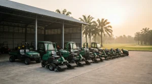 Wide shot of a fleet of golf course maintenance machinery (greens mowers, fairway mowers, utility vehicles) lined up outside a maintenance shed at a tropical Southeast Asian golf course, early morning light.